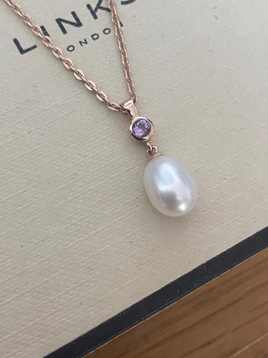 Gorgeous Links of London Necklace with 18ct Gold Vermeil Pearl and amethyst stone pendent