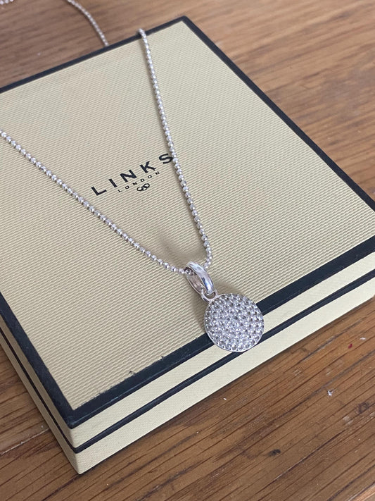 Beautiful vintage rare links of London pave circle necklace with clear sparkling topaz stones, sterling silver, with box