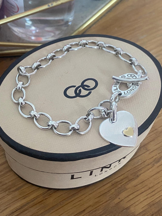 Rare and retired Genuine LINKS OF LONDON Hallmarked Silver Toggle Logo Bracelet with heart charm