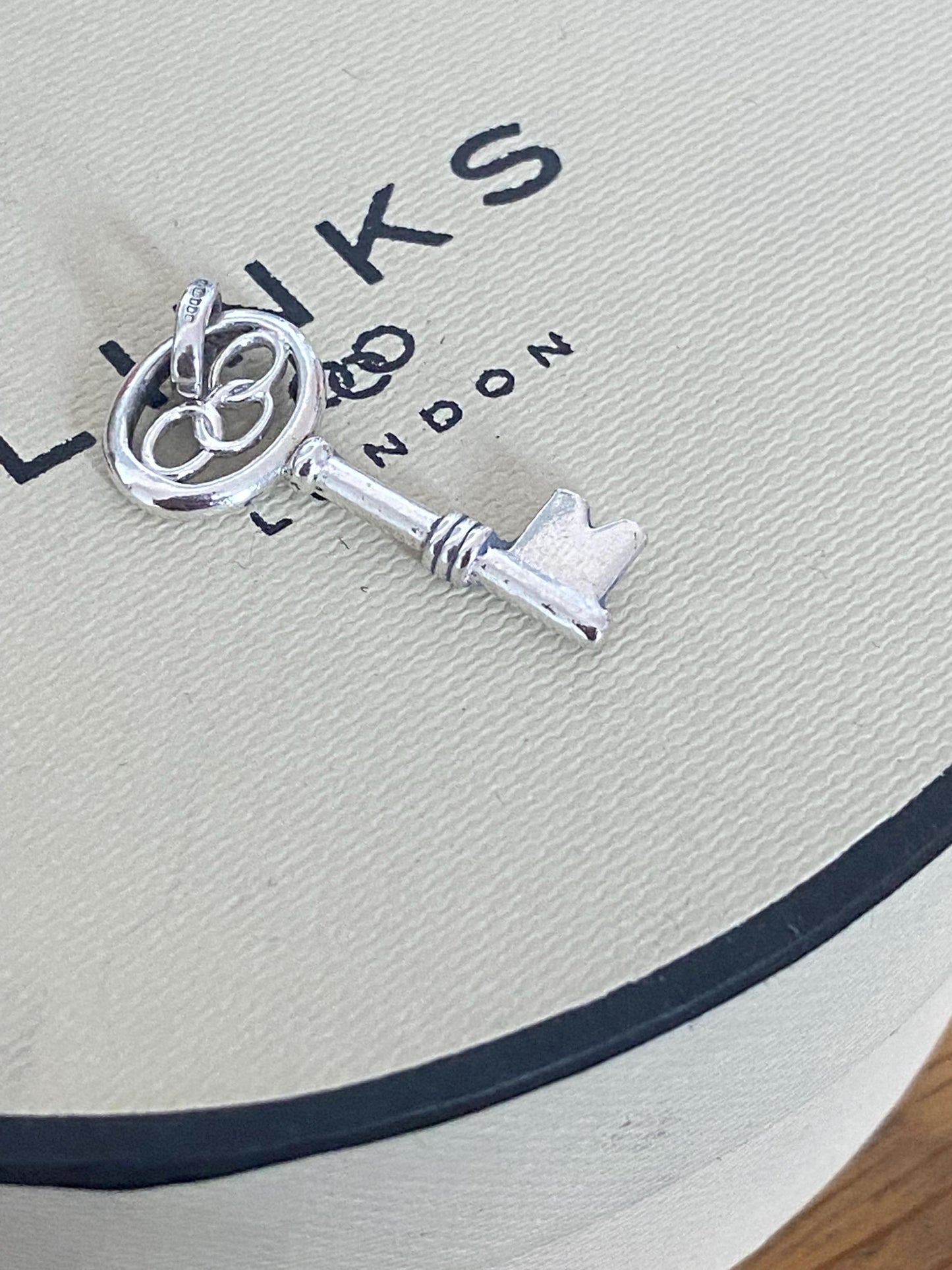 Beautiful genuine rare Links of London sterling silver key charm, assay hallmarked