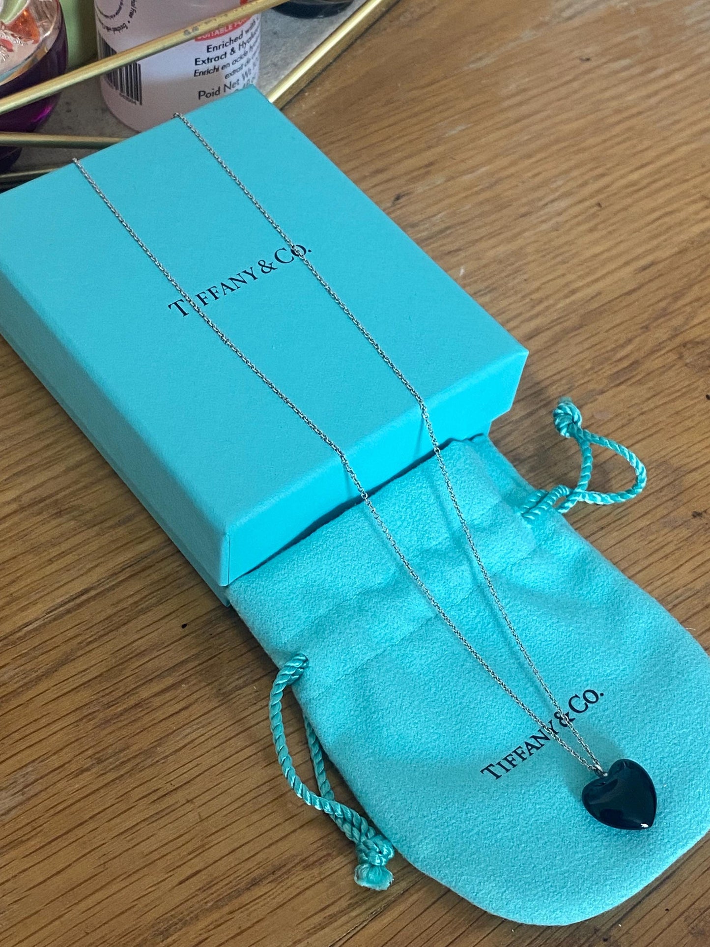 Very rare Tiffany & Co onyx heart sterling silver genuine necklace, boxed