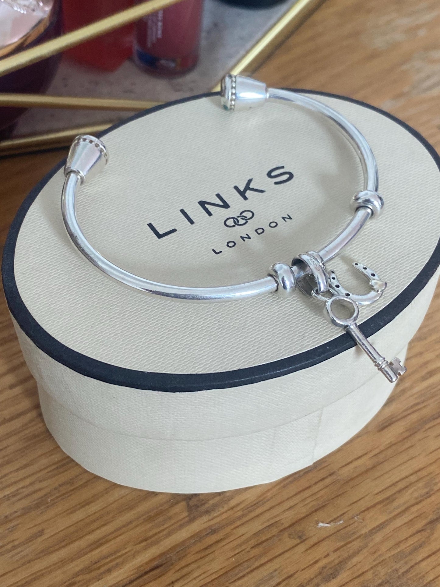Genuine Links of London Sterling Silver Amulet Charm Cuff Bangle with two charms, Hallmarked, Medium Size, boxed